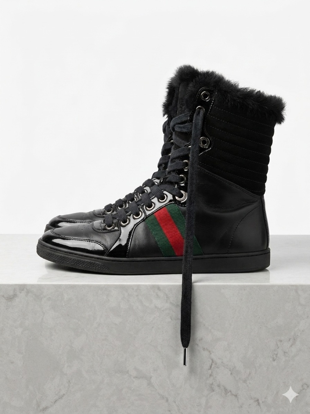 Gucci Fur Lined Patent Leather High Top Sneakers Size EU 36.5 US 6.5 Luxury Chic